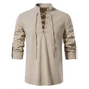 Costume Pirate Homme Costume Medieval Homme Viking Homme Veste Pirate Homme Chemise Homme Noir Tenue Halloween Homme Viking Homme Chemise De Noel Homme Déguisement Pirate Homm(Khaki,S) (VDDTAGAM, neuf)
