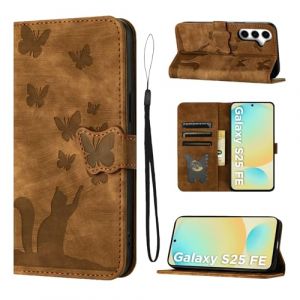 LSPCASA Coque pour Samsung Galaxy S25 FE 5G Housse Protection Premium PU Cuir Portefeuille Protection Porte Carte Fonction Support Flip Case Motif Chat et Papillon pour Samsung Galaxy S25 FE-Marron (SINGGEADA, neuf)