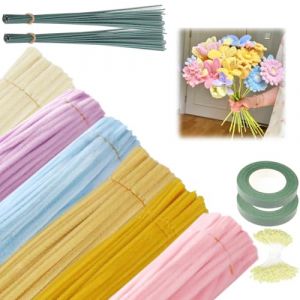 600 Pi&egrave;ces Fil Chenille, Kit Bouquet Cure Pipe Chenille, Couleur Macaron Cure Pipe, avec &Eacute;tamines, Floratape et Tige Fleur Artificielle, Adapt&eacute; aux Fournitures de Fleurs et de D&eacute;coration DIY (QUQU JIANING, neuf)