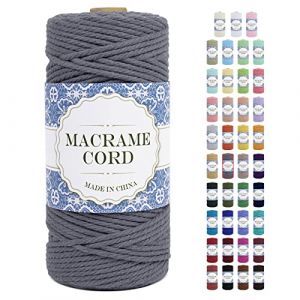 Uiopa Corde Macramé 3mm x 100m Ficelle Macramé Naturel Cordon Coton Fil Macramé 3mm Cordelette pour Suspension Murale Tressée de Plante Rideau Bricolage Décoration Intérieure Boho (Gris) (XEYUAN, neuf)