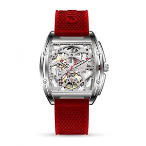 CIGA Design Montre Automatique Homme - Série Z Montre Bracelet Mécanique Squelette Tonneau en Acier Inoxydable Cristal Saphir avec Bracelet en Cuir et en Silicone(Rouge) (CIGA Design EU, neuf)