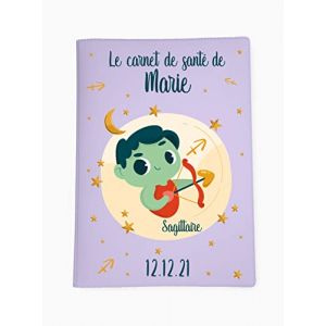 Prot&egrave;ge carnet de sant&eacute; personnalis&eacute;, id&eacute;e cadeau personnalisable b&eacute;b&eacute;, cadeau naissance original, Housse carnet de sant&eacute; Mauve Signe Sagittaire - CL0019i (MARQUAGE UNIQUE, neuf)