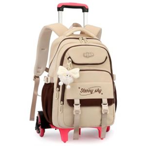 Amythe Cartable a Roulette Fille, 30L Sac &agrave; Dos &agrave; Roulettes pour l'&eacute;cole Primaire et Coll&egrave;ge, Sac a Dos Scolaire D&eacute;contract&eacute; avec Chariot pour Voyages, 6 Roues, Marron (Amythe, neuf)
