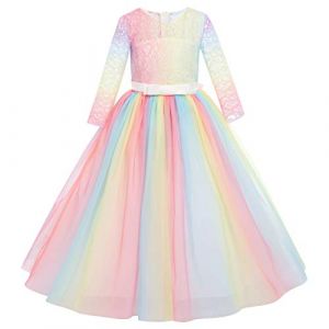 IWEMEK Enfants Fille Robe de Carnaval Princesse Longue en Dentelle avec Bowknot Demoiselle d'honneur Robe de Soirée Mariage Robe de Première Communion Anniversaire Fête 24 Blanc Arc-en-Ciel 9-10 Ans (IWEMEK, neuf)