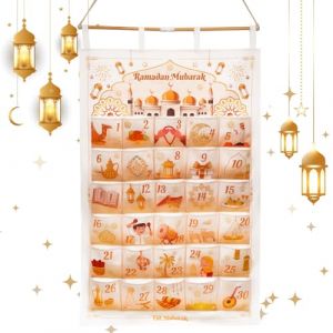 AhfuLife Ramadan Calendrier de l'Avent Suspendre, Calendrier de D&eacute;coration Ramadan 2026 en Tissu &agrave; Remplir avec 30 Poches, Calendrier de D&eacute;compte A&iuml;d pour Decor Eid Mubarak F&ecirc;te Porte ou Mur (echoapple, neuf)