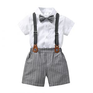 Volunboy B&eacute;b&eacute; Gar&ccedil;on Ensemble Costume, Manches Courtes Noeud Papillon Chemise avec Short Bretelle Barboteuse(9-12 mois,Blanc Gris,Taille 70) (Volunboy, neuf)