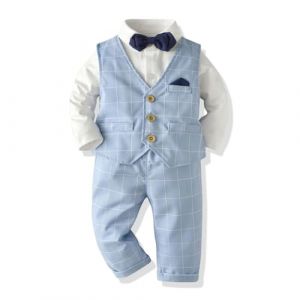 Volunboy Ensemble Costume B&eacute;b&eacute; Gar&ccedil;on Gentilhomme, Costumes Mariage Gilet Chemise Pantalon avec Noeud Papillon(9-12 mois,Bleu Carreaux,Taille 70) (Volunboy, neuf)