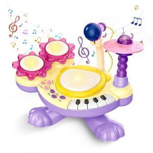 Batterie Enfant 3 Ans, Tambour &agrave; Battement De Mains avec Musique, Lumi&egrave;res, Microphone et Touches de Piano, &Eacute;ducation Pr&eacute;coce Instrument de Musique, Jouet Musical B&eacute;b&eacute; No&euml;l Cadeau (Violet) (XUANYU LTD, neuf)