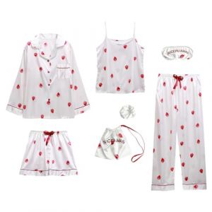 Jamron Femme 7PCS Satin Ensemble Pyjama Top & Pantalon Shorts Vêtements de Nuit Loungewear SN07655 Blanc Fraise M (No.7 Fashion House, neuf)