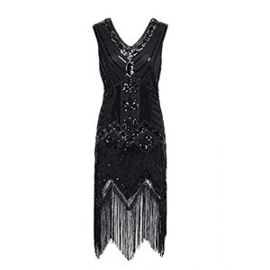 HAHAEMMA Robe vintage des ann&eacute;es 1920 Robe Charleston Flapper pour femme Robe Gatsby &agrave; paillettes Ourlet &agrave; glands Robe de cocktail Flapper Robe de bal Robe de soir&eacute;e Robe de costume de f&ecirc;te, L (EMMA'S CLOTHING, neuf)