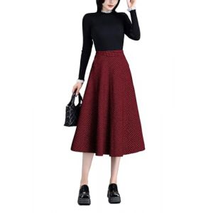 BiilyLi Jupe Longue Femme Hiver &Eacute;l&eacute;gant Laine Carreaux Haute Taille A-Ligne Midi Jupes Casual Skirt Vin Rouge -S(Taille &eacute;lastique: 66 cm) (Five Magnolia Flowers, neuf)