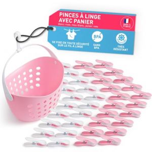 culiclean Pince a Linge Soft Clips – Panier Epingle a Linge – Fabriqué en France – Rose-Blanc avec Panier Rose – Lot de 40 Pinces + 1 Panier (ISC Brands, neuf)