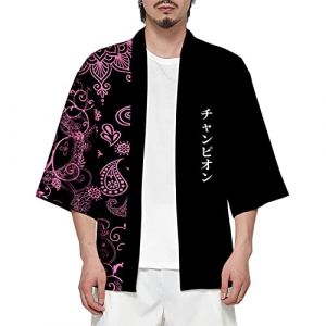 Veste Kimono Homme Manches 3/4 Japonais Style Ouvert Cardigan Impression de Motifs de Grue, 6XL Noir Rose (Cizeu, neuf)