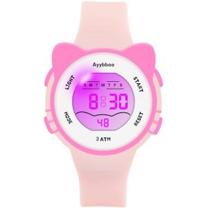 Ayybboo Montre Enfant,7 Lumi&egrave;res de Couleur Montre pour Fille Gar&ccedil;on,Montre Digitale Enfant pour Enfants avec Motif de Chat,3ATM Etanche/Digital/Bracelet Souple pour 4-12 (Rose Clair) (GUUMUXIN EU, neuf)
