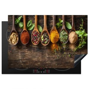 KitchenYeah&copy; Protection Plaque Induction 78x52 cm Protege Deco Cuisine Cache Prot&egrave;ge De Cuisson Accessoire Herbes - Epices - Cuill&egrave;re - Feuilles - Gravure sur bois - Nature morte (KitchenYeah, neuf)