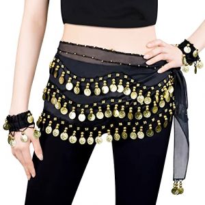 LZYMSZ Écharpes de Hanche de Danse du Ventre, Jupes en Forme de Vague pour Femmes avec 128 pièces d'or, Ceinture Danse Orientale Costume du Ventre Suspendue en Mousseline avec Bracelets (Black) (yueshangkeji, neuf)