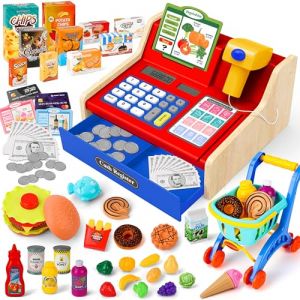 MOMOSTAR Caisse Enregistreuse Enfants, Caisse Enregistreuses Jouet avec 66 Accessoires, Vraie Calculatrice, Scanner Son et Lumière, Jouet de Rôle Supermarché, Cadeau pour Garçon Fille de 3 4 5 6 Ans (DYNASTYLOGIC, neuf)