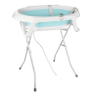 OHMG Baignoire bebe avec Support 85cm，Baignoire Pliable B&eacute;b&eacute; sur Pied，S&eacute;curis&eacute;e et Confortable Bassine Pliable Bebe avec Thermom&egrave;tre et Coussin de bain，Baignoire b&eacute;b&eacute; pliante (jusiZL, neuf)