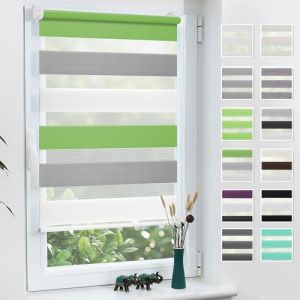 Grandekor Store Enrouleur Jour Nuit de Double Tissu, Store Jour et Nuit sans Perçage, Accessoires d'installation Inclus pour Fenêtre ou Porte, 85l x 150L cm, Vert-Gris-Blanc (DecoWarm, neuf)
