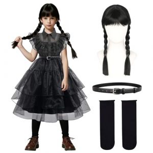 yumcute Deguisement Gothique Enfant, Robe noire Halloween pour fille, Outfit en Tulle Noir Robe Costume Halloween Fille pour mercredi Avec Perruques Ceintures Chaussettes Cosplay Carnaval Party (Yoshso, neuf)