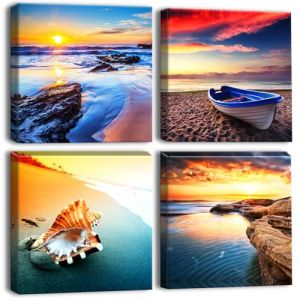 Artscope Lot de 4 impressions sur toile &ndash; Coucher de soleil de mer, paysage de mer, &oelig;uvre d'art murale moderne encadr&eacute;e pour salle de bain, maison, bureau &ndash; 30 x 30 cm (Goolee, neuf)