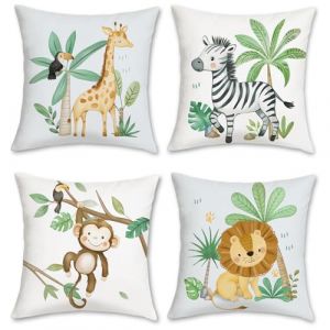Bonhause Housse de Coussin Animaux 45 x 45 cm Girafe Z&egrave;bre Singe Lion Vert Feuille D&eacute;coratif Taie d'oreiller pour Canap&eacute; Salon Jardin Maison Chambre d&rsquo;Enfant D&eacute;coration 4 Pi&egrave;ces (Bonhause EU, neuf)