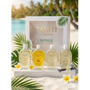 Tahiti Organics - Coffret "Monoi Collection" - Lot de 4 Huiles Capillaires et Corporelles (4 x 100ml) - Mono&iuml; de Tahiti Appellation d'Origine - Tiar&eacute;, Vanille, Frangipanier & Pamplemousse (Tahiti Organics, neuf)