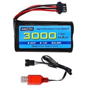 AMZZN 7.4V 3000mah 15C 2S SM-4P Plug Li ion batterie avec chargeur USB pour EC08 DE85 RC voiture,Camion RC navire t&eacute;l&eacute;commande drone ing&eacute;nierie v&eacute;hicule batterie de secours (liangzhidian, neuf)