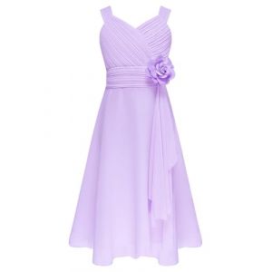 Miaeowve Robe Soirée Enfant Fille Princesse Plissé Robe en Mousseline de Soie Robe Mariage Demoiselle d'honneur Robe Première Anniversaire Fête Lavande 7-8 Ans (Miaeowve, neuf)