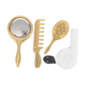 WRITWAA 4 Pièces Outils de Coiffure Miniatures pour Maison de Poupée Ensemble Comprenant Brosse à Cheveux Miroir et Sèche Cheveux Accessoires de Maquillage pour Garçon Fille et Décoration (Saieli, neuf)