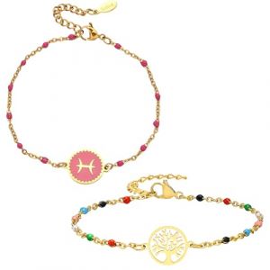 Caimeytie 2 bracelets,1 bracelet zodiaque femme,et 1 bracelet arbre de vie,parure bijoux femme acier inoxydable,bracelet multicolore,id&eacute;e cadeau femme,bracelet Poissons (YIXUYU, neuf)