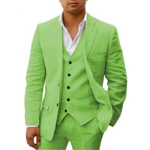 HUUTOE Costume 3 pi&egrave;ces en lin pour homme - Pour la plage, les mariages, les gar&ccedil;ons d'honneur - Costume d'&eacute;t&eacute; d&eacute;contract&eacute; - Blazer en lin - Gilet et pantalon de smoking, vert menthe, Taille 3XL (NicetomeeeU, neuf)