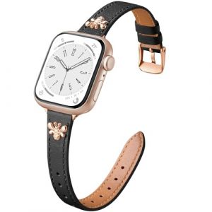 CeMiKa Bracelet Cuir Etroit Compatible avec Bracelet Apple Watch 38mm 40mm 41mm, Bracelet Cuir Fin avec Charme pour Apple Watch SE/iWatch Series 10 9 8 7 6 5 4 3, Femmes Hommes, Noir/Or Rose Abeille (CeMiKa Store, neuf)