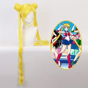 Sailor Moon Tsukino Usagi Cosplay perruque Double queue de cheval longue blonde citron jaune cheveux synthétiques pour Halloween Costume fête (good stuff A, neuf)