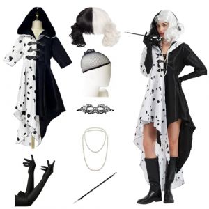BARVERE Cruella Devil Costume pour femme - Costume d'Halloween pour femme avec robe Cruella, perruque, filet à cheveux, gants, collier de perles, parapluie pour les yeux, costume de personnage de film (BARVERE, neuf)