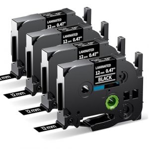 MarkField 4x TZe 12mm Ruban d'étiquettes Compatible pour Brother P-Touch Étiqueteuse TZ TZe-335 12mm x 8m Blanc sur Noir Cassette pour PT-H110 H107 H100LB H200 p300BT CUBE H101C 1000 1090 D200 (MarkField, neuf)