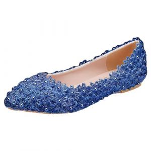 Jamron Femme &Eacute;l&eacute;gant Bout Pointu Fleur Dentelle Perles Chaussures de Mari&eacute;e Escarpins Semelle Souple Ballerines Bleu SN070435 EU41 (No.7 Fashion House, neuf)
