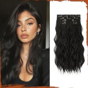 Sofeiyan Clip in Extensions, 4PCS 40 cm Haarverlängerung für Damen, Lockige Dicke Synthetische Haarextensions zum Einklippen Natürliches Weiches Clip in Haarteil,Nature Noir (SofeiyanEU, neuf)
