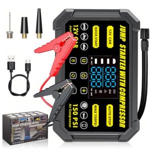 MidingChai Booster Batterie Voiture avec Gonfleur, 12V Demarreur Batterie Voiture avec Gonfleur Pneus 150PSI, 29600mWh Jump Starter Multifonctionnel, Lampe Torche Int&eacute;gr&eacute;e, Charge Rapide 18W (HANYU-EU, neuf)