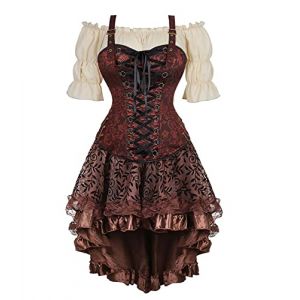 Josamogre Corset Jupe Robe Chemises 3 Set Pirate Femme Bustier Steampunk Bretelles Top Sexy Medieval Vetement Viking Brun 6XL (Josamogre Corset, neuf)