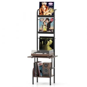 COSTWAY Support Tourne Disque Vinyle Mural 5 Niveaux, Meuble Vinyle Rangement pour Albums, CD/DVD, Rangement Platine, Cadre en Métal, 2 Kits Anti-Basculement, 50 x 51 x 145 cm (Marron Rustique) (FDS GmbH, neuf)