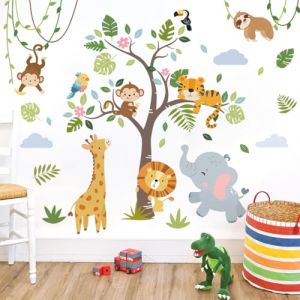 Runtoo Stickers muraux animaux de la jungle animaux de la for&ecirc;t singes arbre art mural pour chambre d'enfant, chambre de b&eacute;b&eacute;, chambre d'enfant, d&eacute;coration de f&ecirc;te d'anniversaire, d&eacute;coration de salle (Decalplanet-EU, neuf)