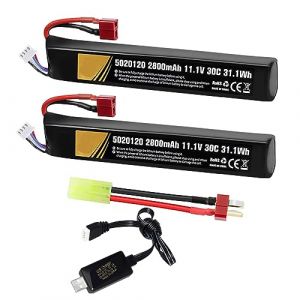 Batteries Airsoft 11.1V 30C 2800mAh Batterie lipo doyens Airsoft Prise en T avec Chargeur USB Prise en T vers Mini c&acirc;ble Tamiya Batteries Rechargeables pour Accessoires de mod&egrave;le de Pistolet Airsoft (YunDuo, neuf)