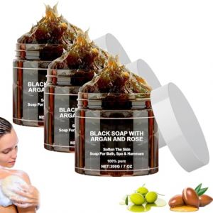 Gommage Savon Noir Corps,Savon Noir Marocain,Savon Noir Liquide,Gommage Exfoliant Corps,Savon Noir à L'argan Et Rose,Organic Moroccan Black Soap,Savon Exfoliant Pour Corps Au Savon Noir (3PC, 200g) (xiaxiappa99, neuf)
