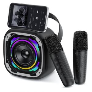 PKBD Mini Machines de Karaok&eacute; avec 2 Microphones pour Enfants, Enceinte Bluetooth Portable sans Fil avec Support T&eacute;l&eacute;phone/Lumi&egrave;re Dynamique/Effets de Changement de Voix,Noir (YYFL-FR, neuf)