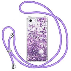TUUTPU Coque pour iPhone 8/SE 2020/2022/7/6 avec Cordon, Paillette Liquide &Eacute;tui pour T&eacute;l&eacute;phone avec Lani&egrave;re, Transparent Silicone Collier R&eacute;glable Protection Housse Portable Lanyard Case, Violet (TUUTPU, neuf)