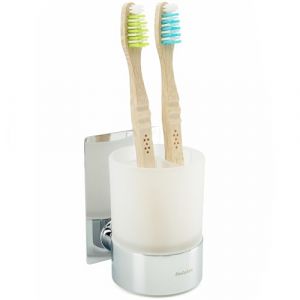 Dolvhin® Porte-Brosse à Dents sans perçage | Gobelet à Dents Verre dépoli à Coller | Support Brosse Dents INOX | Gobelet Dents Suspendu | Organiseur brosses à Dents Salle de Bain | Chrome Poli (Vigoliving, neuf)