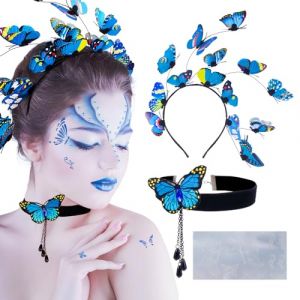 Bandeau de Cheveux Papillon Bleu 3d Serre Tete Papillon +Collier Ras du Cou avec Papillon+Pochoir Papillon Template Autocollant Papillon Déguisement pour Femme Fille pour Carnaval Cosplay (A Mi A Mi Hong, neuf)