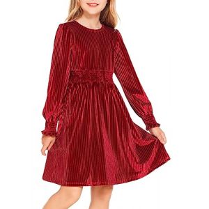 Arshiner Robe Fille Robe d&eacute;contract&eacute;e Robe en Velours &agrave; Manches Longues Robe d'automne Vintage Robe de No&euml;l Robe de soir&eacute;e Rouge Robe de Princesse Unie Robe d'hiver 12-13 Ans (Arshiner Store, neuf)