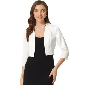 Allegra K Bol&eacute;ro en Satin Femme &Eacute;l&eacute;gante pour Mariage &agrave; Manches 3/4 Devant Ouvert Veste Courte Chic Bol&eacute;ro de C&eacute;r&eacute;monie Blanc L (Allegra K FASHION, neuf)